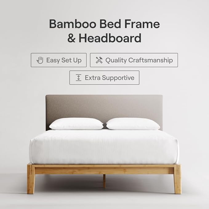 Nectar Bamboo Platform Bed Frame & Upholstered Headboard - King - Natural/Slate - Floating Center Support Legs -12” Height - Easy Tool Free Set Up - Sturdy Wooden Support Slats - Holds Up To 500 lbs