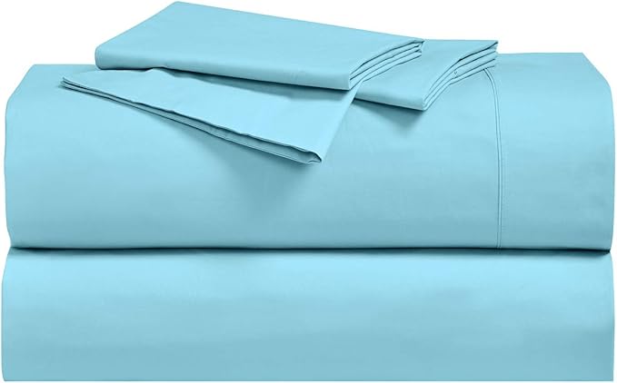 Royal Hotel Bedding Abripedic Crispy Percale Sheets, 300-Thread-Count, 4PC Solid Sheet Set, 100% Cotton, Up to 18 Inch Deep Pocket, Top Split California-King, Aqua-Sky
