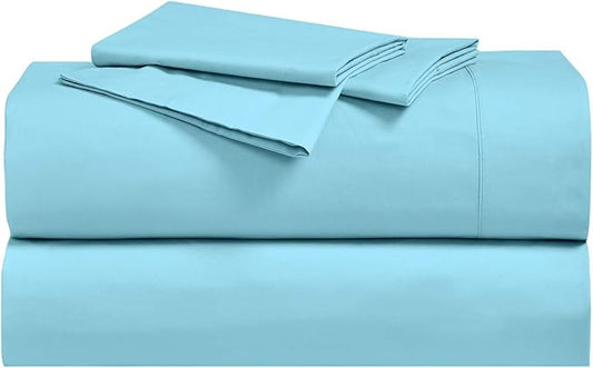Royal Hotel Bedding Abripedic Crispy Percale Sheets, 300-Thread-Count, 4PC Solid Sheet Set, 100% Cotton, Up to 18 Inch Deep Pocket, Top Split California-King, Aqua-Sky