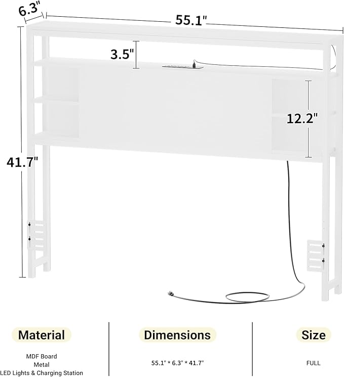 Unikito Full Size Headboard with Storage, Headboards with Outlet and RGB LED Light, Sturdy Head Board for Full Size Bed, Stable Headboard Only for Bedroom, Dorm Room, Guest Room, White