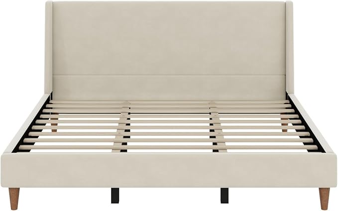 Merax Solid Wood King Size Velvet Bed Frame with Wingback Headboard, Modern Upholstered Platform with Walnut Wooden Legs, Strong Wooden Slats, No Box Spring Needed, Beige