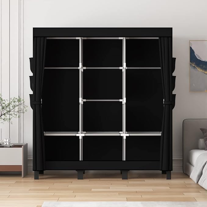 Portable Closet, 51.18" Large Capacity Clothing Storage Organizer with 3 Hanging Rods 6 Shelves 18 Side Pockets, Dustproof Sturdy Wardrobe for Bedroom Dorm Rental Apartment(Black, Large)