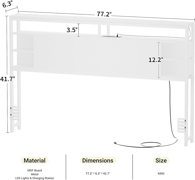 Unikito King Size Headboard with Storage, Headboards with Power Outlets and RGB LED Light, Sturdy Head Board for King Size Bed, Stable Headboards Only for Bedroom, Dorm Room, Guest Room, White