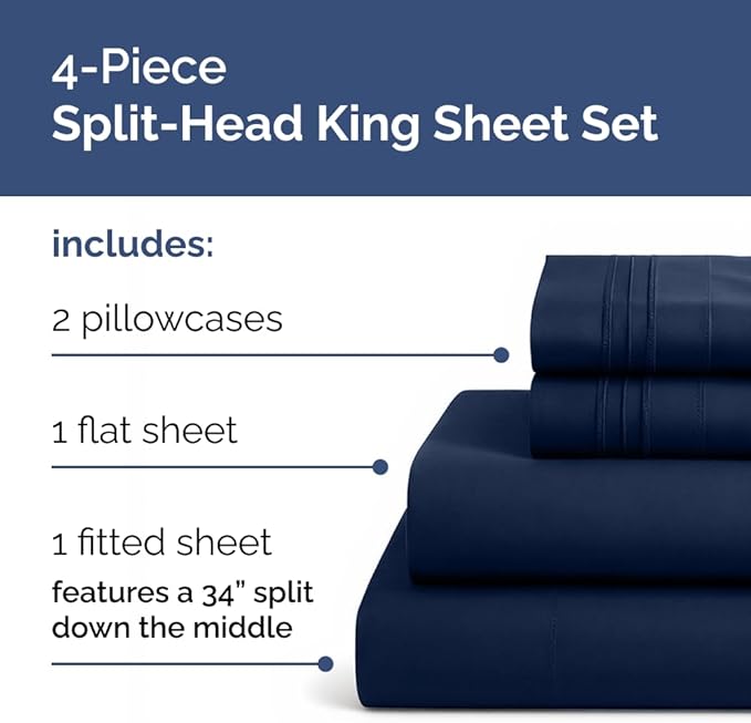 Flex Top Split Head King 4 Piece Sheet Set - Soft, Breathable & Cooling Bed Sheets Set - Hotel Luxury Bedding for Women & Men with Deep Pockets - Wrinkle Free & Fade Resistant - Oeko-Tex - Navy Blue