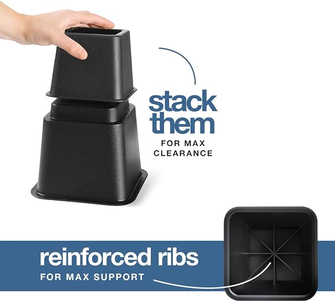 Home It Adjustable Bed Risers - Elevation in 3, 5 or 8 Inch - Heavy Duty Stackable Furniture Risers Supports 1,300 lbs - for Under-Bed Storage, College Dorms, Table and Couch, 4 Pack Bed Lifts Black