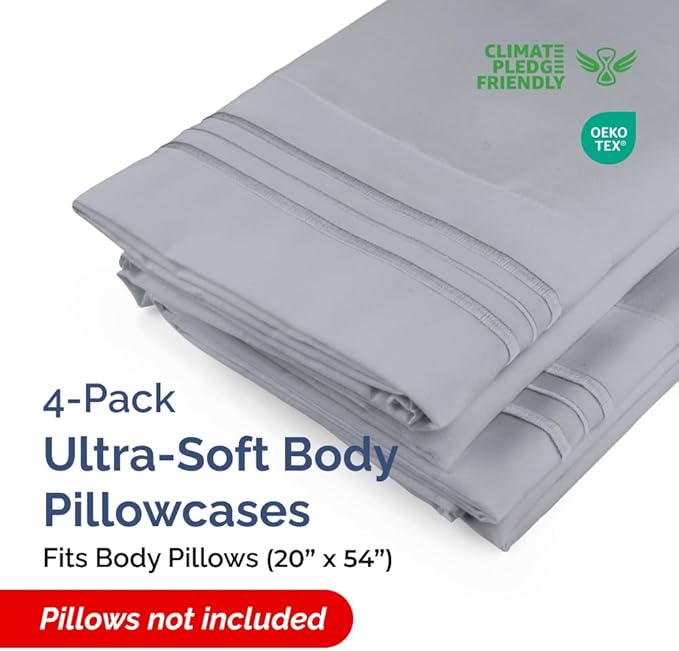 Body Pillowcases Set of 4-20x54 Long Body Pillow Case - Soft Body Pillow Cover for Sleeping & Side Sleepers - Comfy, Breathable & Fade Free - Machine Washable w/Envelope Enclosure - (Steel Blue)