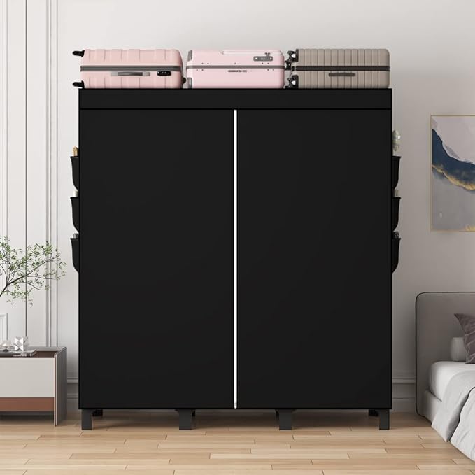 Portable Closet, 51.18" Large Capacity Clothing Storage Organizer with 3 Hanging Rods 6 Shelves 18 Side Pockets, Dustproof Sturdy Wardrobe for Bedroom Dorm Rental Apartment(Black, Large)