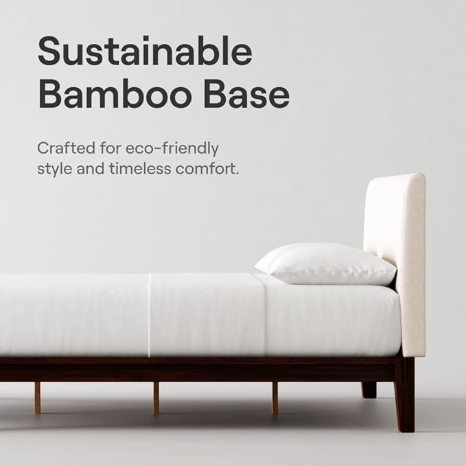 Nectar Bamboo Platform Bed Frame & Upholstered Headboard - California King - Walnut/Linen - Floating Center Support Legs - 12” Height - Tool Free Set Up - Sturdy Wooden Slats - Holds Up To 800 lbs