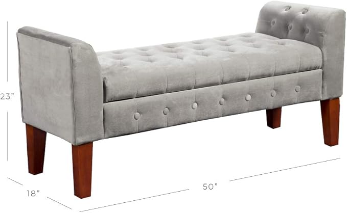 HomePop Velvet Tufted Storage Bench Settee with Hinged Lid, Grey