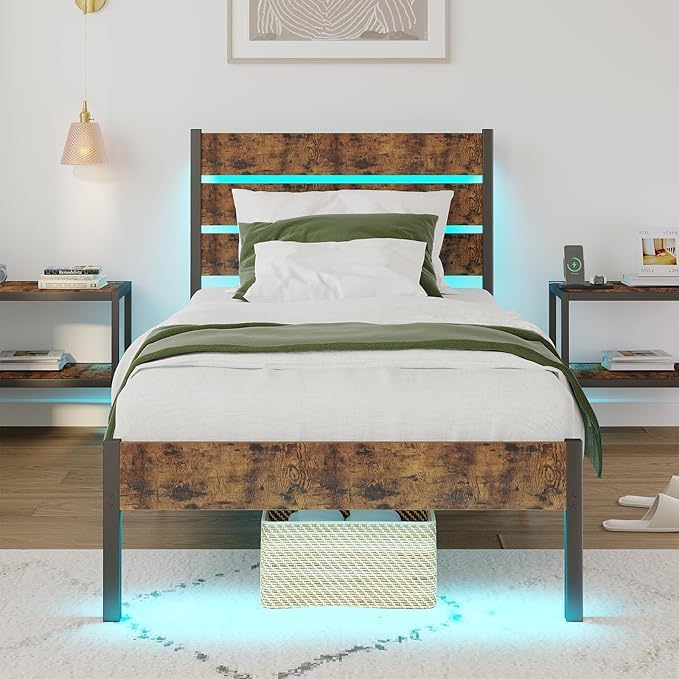 Bed Frame Twin Size with USB Charging Station, LED Light Metal Bed Frame with Wooden Headboard, Metal Platform Bed with Under Bed Storage, Easy Assembly, No Box Spring Needed, Noise Free(Rustic Brown)
