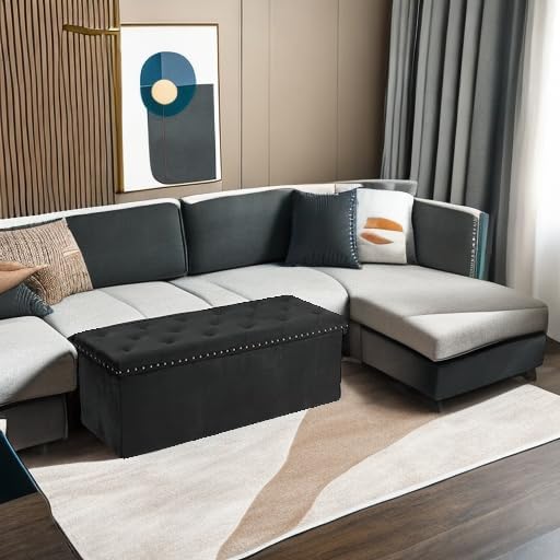 PINPLUS Black Storage Ottoman Bench for Bedroom, Folding Velvet Chest with Benches Foot Rest Stool, Large Long Shoes Chest for Bedroom, Living Room, 43.3"x15.7"x15.7"