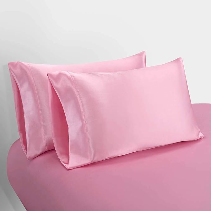 Homiest 4pcs Satin Sheets Set Luxury Silky Satin Bedding Set with Deep Pocket, 1 Fitted Sheet + 1 Flat Sheet + 2 Pillowcases (Full Size, Pink)