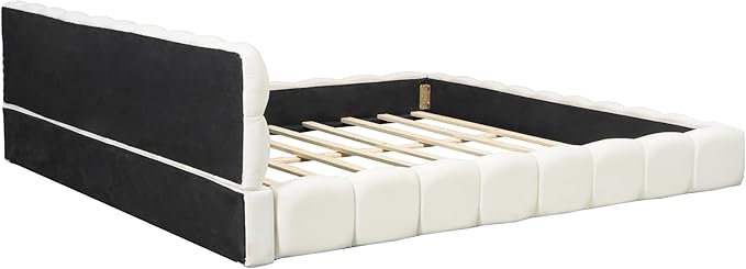 Merax Modern Tufted Platform Bed with Headboard King, Linen Upholstered Floor Bed Frame with Solid Frame, No Box Spring Needed, Beige
