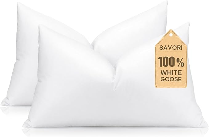 SAVORI Set of 2 Down and Feather Throw Pillow Inserts 12x20 Soft Fluffy Pillow Inserts with 100% Down-Proof Cotton Cover, Decorative Square Cushion Inner for Sofa Couch Bed-White