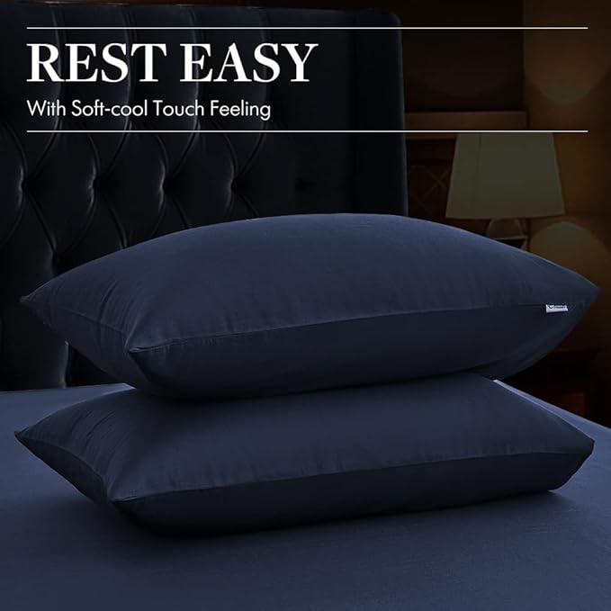 LUXEAR Pillow Cases, 2 Pack Standard Size Linen Pillowcases for Hair Skin, Silky Skin-Friendly, Machine Washable Pillow Covers - Navy Blue