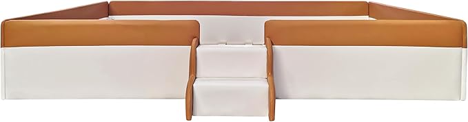 Merax Queen Size Upholstered Kids Daybed Frame with Fence and Stairs, Wood Bed for Living Room, Floor Bed, White+Brown