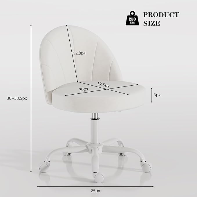Velvet Vanity Chair with Wheels, Height Adjustable Swivel Makeup Chair, Armless Small Desk Chair for Bedroom/Office/Vanity Table, 250 lbs Capacity (Velvet, White)