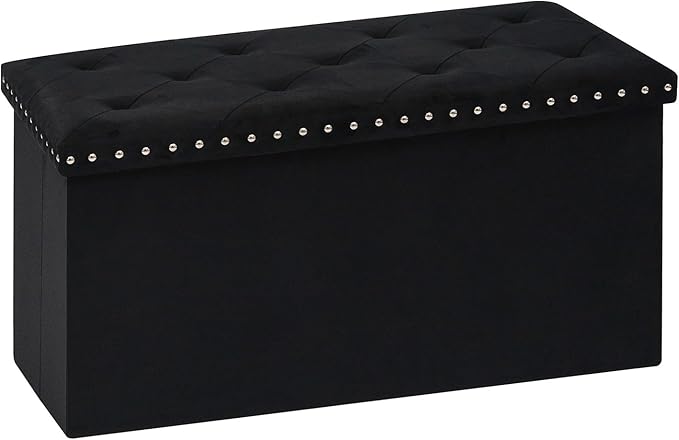 PINPLUS Velvet Storage Ottoman Bench with Foot Rest, Large Long Folding Shoes Stool, Sturdy Space-Saving Furniture for Bedroom Living Room, Black, 30"x15"x15"
