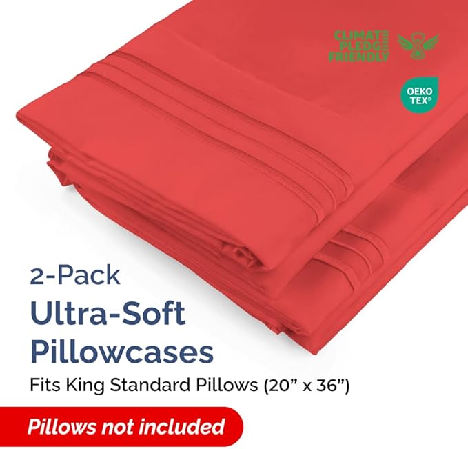 King Standard Pillow Cases Set of 2 - Ultra-Soft Hotel Quality Pillowcase Covers - Comfy, Cozy & Fade Free - Wrinkle Resistant - Machine Washable Pillow Protectors - 2 Piece Set - Red