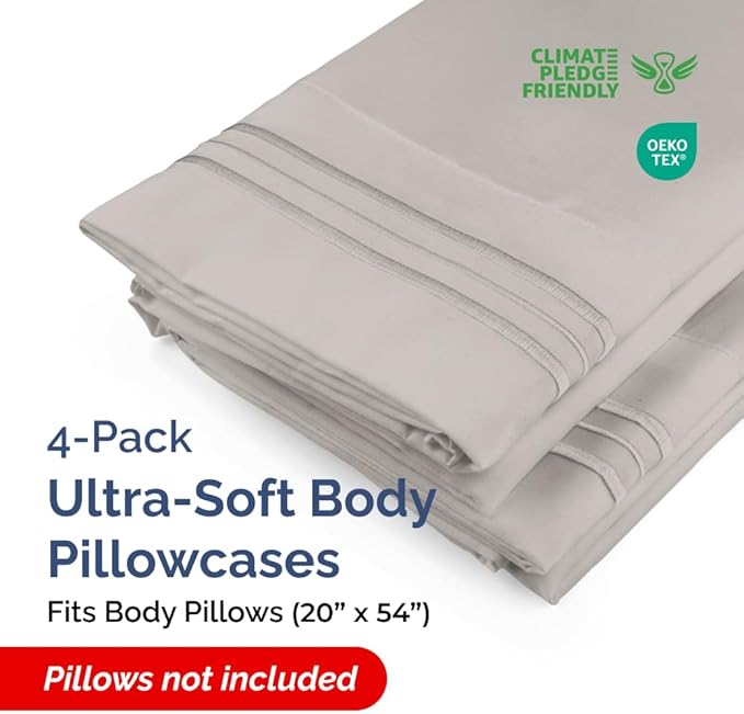 Body Pillowcases Set of 4-20x54 Long Body Pillow Case - Soft Body Pillow Cover for Sleeping & Side Sleepers - Comfy, Breathable & Fade Free - Machine Washable w/Envelope Enclosure - (Light Grey)