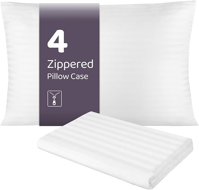 100% Cotton Pillow Case Protector with Zipper, King Size (20x36), 4 Pack, Long-Staple Sateen Soft Comfortable, Hotel Grade Bed Pillow Covers, White, Oeko-TEX Certified