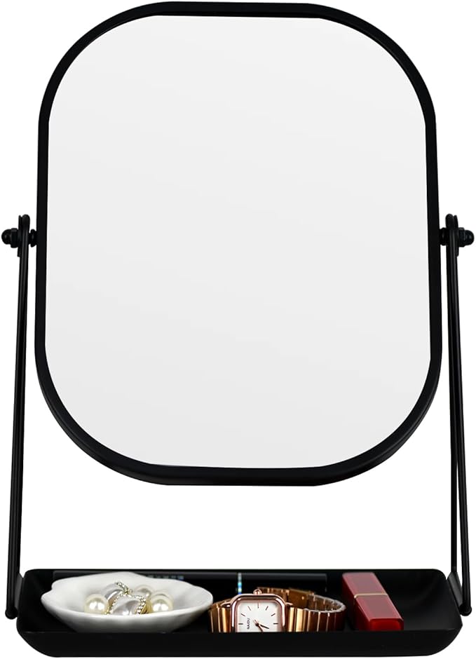 Tstarer 360 Degrees Rotating Metal Makeup Mirror with Storage, Vanity Mirror for Desk, Bathroom, Bedroom, Dressing Table (Black)