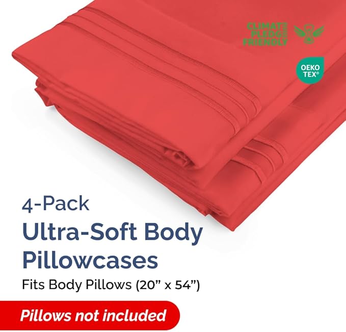 Body Pillowcases Set of 4-20x54 Long Body Pillow Case - Soft Body Pillow Cover for Sleeping & Side Sleepers - Comfy, Cozy Breathable & Fade Free - Machine Washable with Envelope Enclosure - (Red)