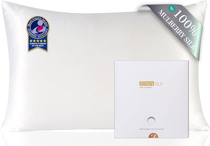 ZIMASILK 100% Pure Mulberry Silk Pillowcase for Hair and Skin Health,Soft and Smooth,Both Sides Premium Grade 6A Silk,600 Thread Count,with Hidden Zipper,1pc (King 20''x40'', White)