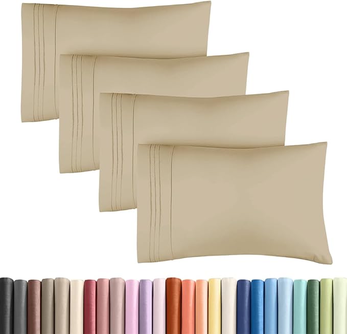 Standard Pillow Cases Set of 4 - Ultra Soft Hotel Quality Pillowcase Covers - Comfy Cozy Bedding for Women, Men, Kids & Teens - Machine Washable Pillow Protectors - 4 Piece Set - Standard Size Beige