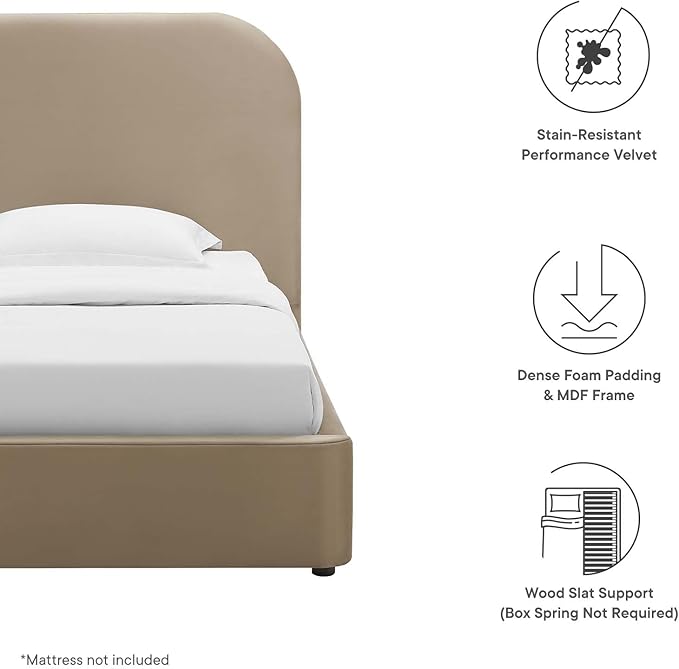 Modway Keynote Modern Bed Frame, Twin Size with Curve Shaped Headboard in Taupe, Performance Velvet