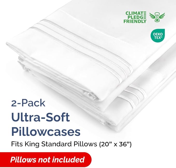 King Standard Pillow Cases Set of 2 - Ultra-Soft Hotel Quality Pillowcase Covers - Comfy, Cozy & Fade Free - Wrinkle Resistant - Machine Washable Pillow Protectors - 2 Piece Set - King Standard White