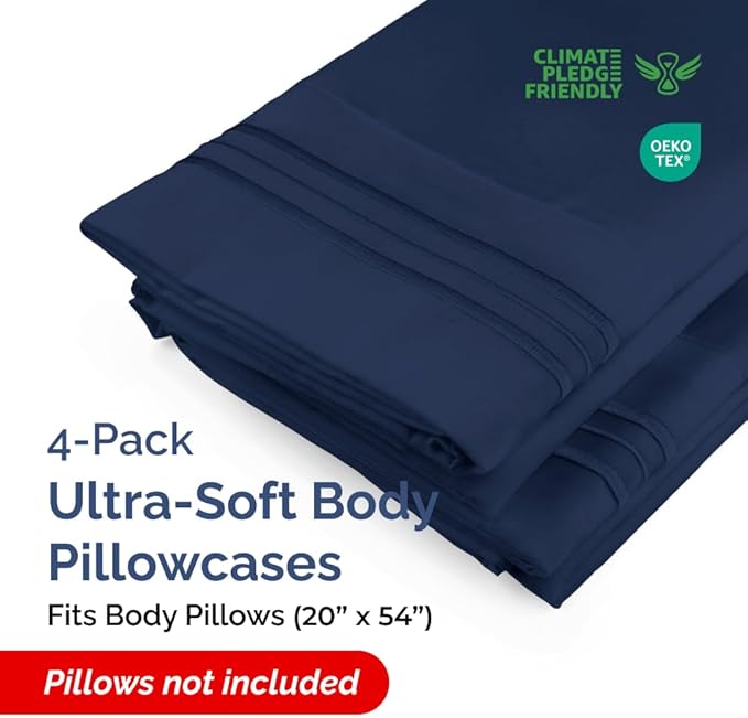 Body Pillowcases Set of 4-20x54 Long Body Pillow Case - Soft Body Pillow Cover for Sleeping & Side Sleepers - Comfy, Breathable & Fade Free - Machine Washable with Envelope Enclosure - (Navy Blue)