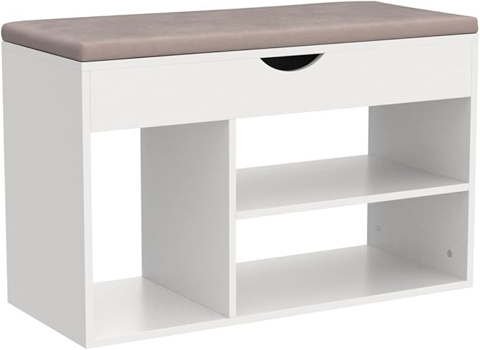 Apicizon 31 Inches Storage Bench with Padded Cushion, Shoe Bench with Storage Space, Upholstered Entryway Bench for Living Room, 2-Tier Shoe Rack Organizer, White