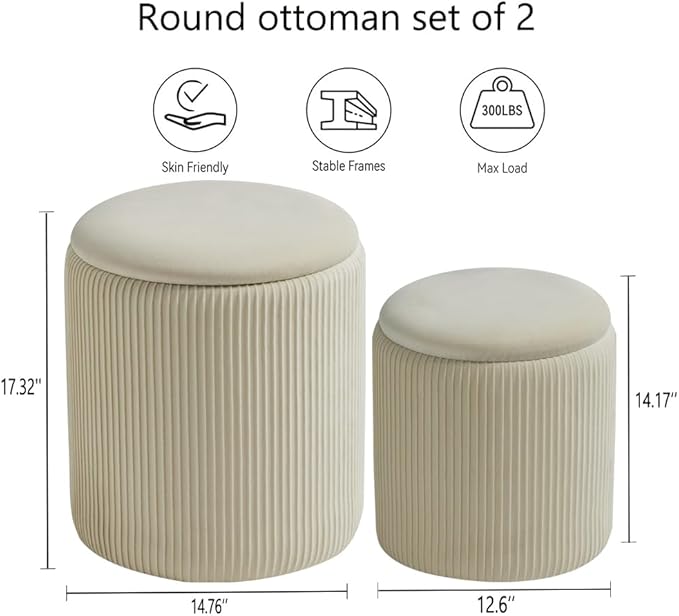 BLEXA Round Ottoman with Storage Set of 2-Upholstered Velvet Vanity Stool for MakeupMultifunctional Ottomans Coffee Table Padded Seat Foot Rest for Living Room&Bedroom(White-Upgrade Tray Lid)