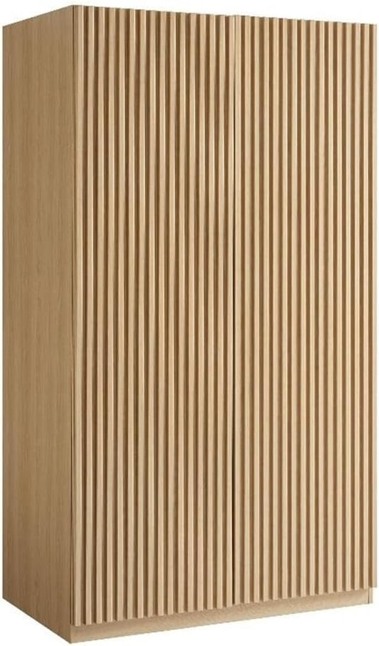 Modway Render Mid Century Modern Wardrobe Armoire Closet in Oak w/Vertical Slatted Doors - 71Inch Freestanding Closet w/Adjustable Shelves & Hanging Rods - Tall Bedroom Storage Cabinet