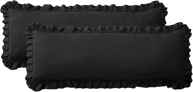 Ruffled Body Pillow Pillowcases Set of 2 – Soft Wrinkle Resistant Brushed Microfiber Body Pillowcases –Envelope Pillow Shams Festive Gift for Hotels, Guest Rooms 20x54 Inch (Black)
