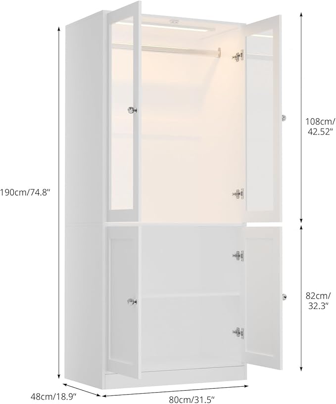 VOWNER 75" Tall Armoire Wardrobe Closet with Drawers & Lights, Clothing Storage Cabinet with 2 Glass Doors & Hanging Rod, Wooden Armoire Storage Cabinet for Bedroom (White, 75''H)