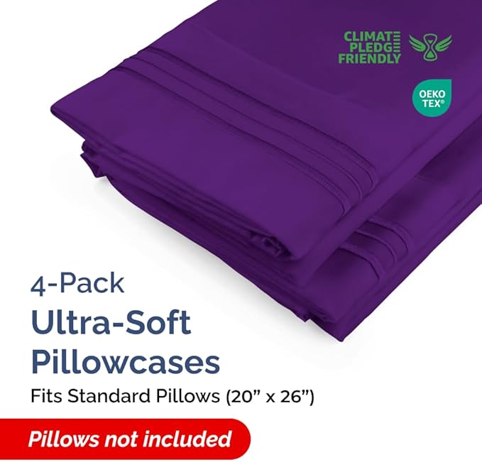 Standard Pillow Cases Set of 4 - Ultra Soft Hotel Quality Pillowcase Covers - Comfy Cozy Bedding for Women, Men, Kids & Teens - Machine Washable Pillow Protectors - 4 Piece Set - Standard Size Purple