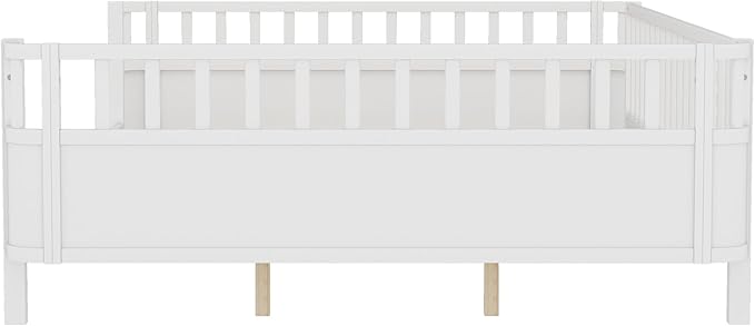 Bellemave Queen Size Montessori Bed with Fence & Slats, Platform Bed Frame with Detachable Side Rails, Rounded Corners, Safe & Easy Assembly,White Montessori Bed Queen Size