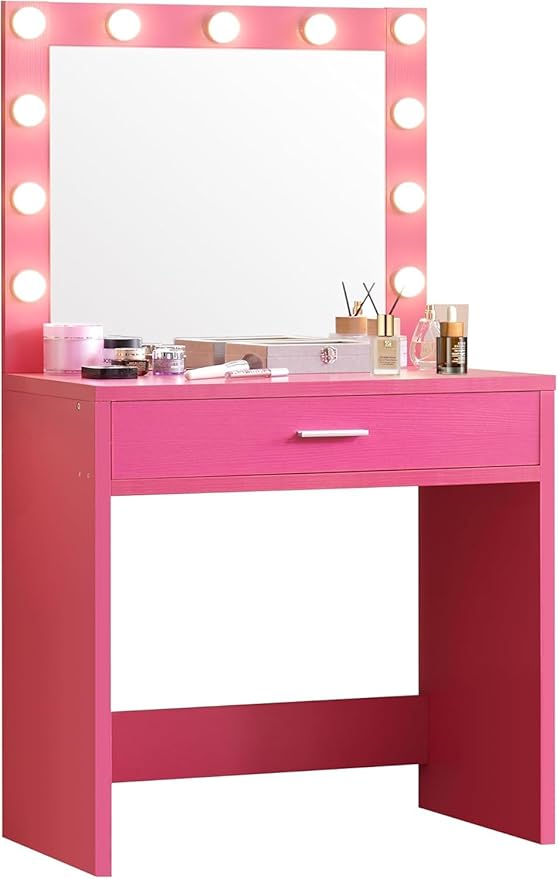 Palimder Vanity Desk with Lamp Bulb Mirror Drawers,Vanity Storage Bench,Makeup Vanities Table for Bedroom,Rose Red