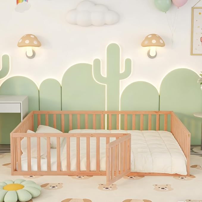 Bellemave Queen Size Montessori Floor Bed with 21.7" High Rails, Pine,Plywood Floor Bed with Small Door, Natural