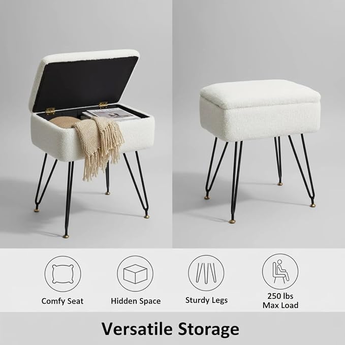 Vanity Stool Chair, Faux Teddy Fur Ottoman Foot Stool with Metal Legs & Adjustable Black Feet, Flip Top Storage Makeup Chair with Soft Padded Seat, Foot Rest for Makeup Room Bedroom, White