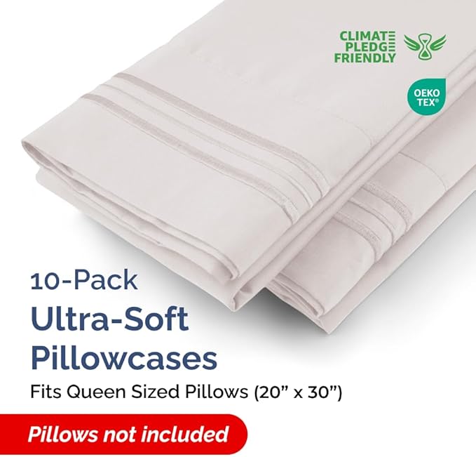 Queen Pillow Cases Set of 10 - Ultra Soft Hotel Quality Pillowcase Covers - Comfy, Cozy & Wrinkle Free - Shrink, Stain & Fade Resistant - Machine Washable Pillow Protectors - 10 Piece Set - Light Grey