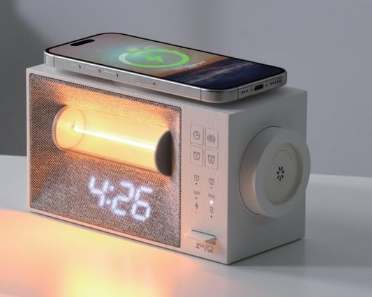Alarm Clock with 15W Wireless Charger, White Noise Machine with 20 Soothing Sounds, Sunrise Wake Up Light for Bedrooms, Dimmable Bedside Clock with Dual Alarms, Gift for Kids and Adults
