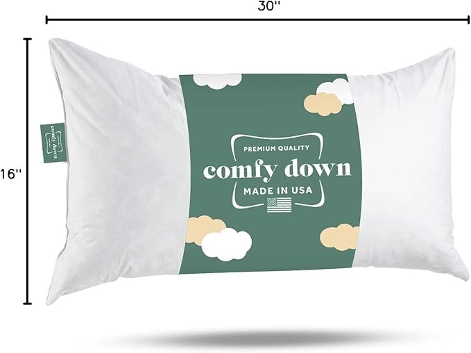 ComfyDown 16x30 Throw Pillow Insert, Down & Feather Fill, 100% Cotton Cover, Made in USA – Premium Soft Lumbar Decorative Pillow Form Sham Stuffer for Bed, Sofa & Couch