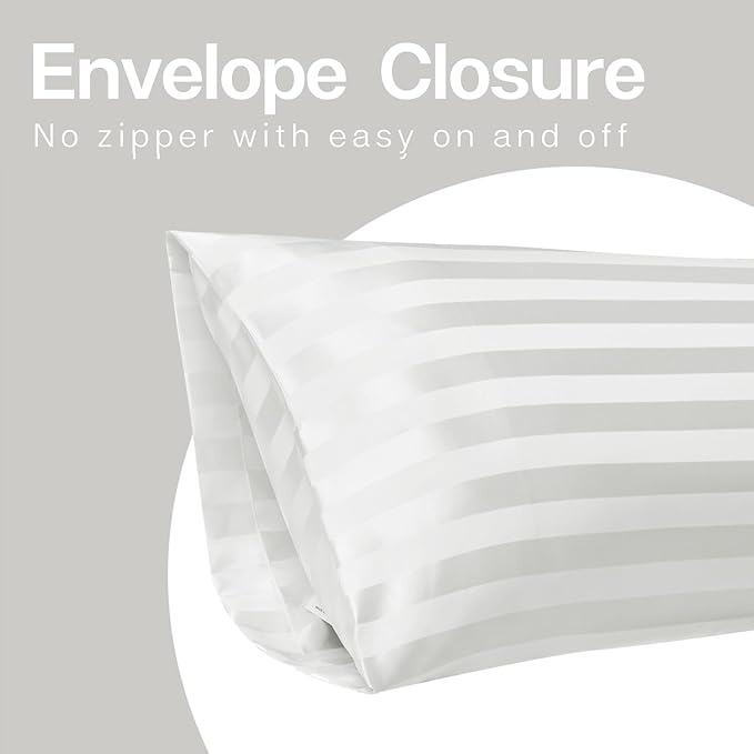 MR&HM Satin Body Pillow Cover, Soft and Breathable Body Pillow Case with Envelope Closure, Cooling and Silky Long Pillowcase for Hair and Skin,Grey (20x54, Ivory Striped)