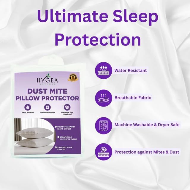 Hygea Dust Mite & Allergen Pillow Protectors, King Size, Set of 2 - Pillow Encasements - Zippered Covers - Hypoallergenic, Waterproof, Soft & Breathable, Premium Quality