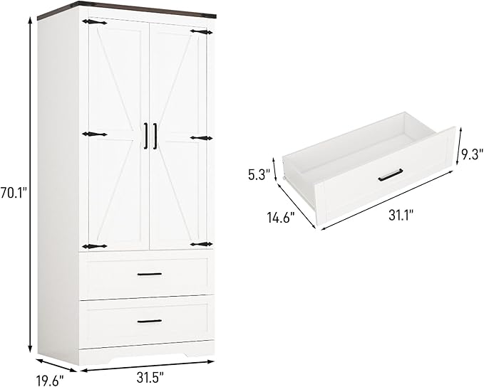 Hlivelood 2 Doors Wardrobe Armoire Closet with Doors and Drawers, Farmhouse Wooden Armoire Storage Cabinet with Shelves & Hanging Rod for Bedroom, White