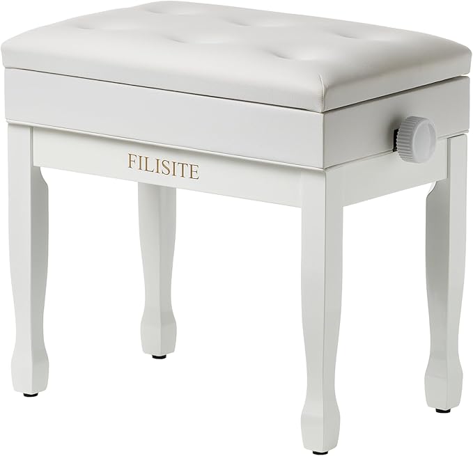 Adjustable Height Piano Bench Stool PU Leather Cushion Wooden Keyboard Seat with Music Storage (White)