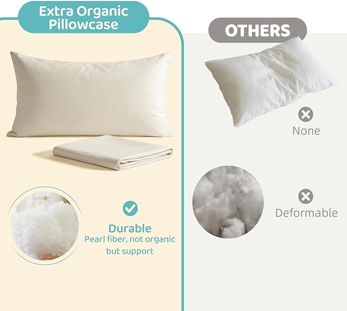 Organic Pillow with Pillowcase - 20x36 King Size Pillow with 100% Organic Cotton Shell, Adjustable Loft Organic King Plilow, Machine Washable, Soft, Perfect for Adults&Couples